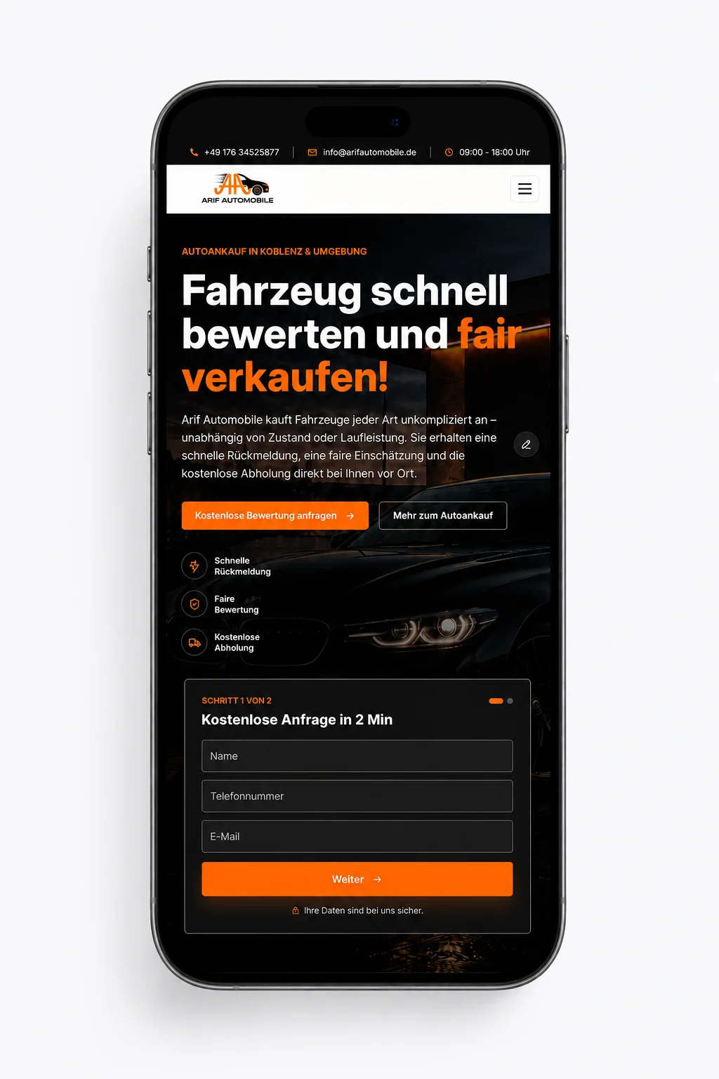 Mobile Ansicht der neuen Webseite von Arif Automobile