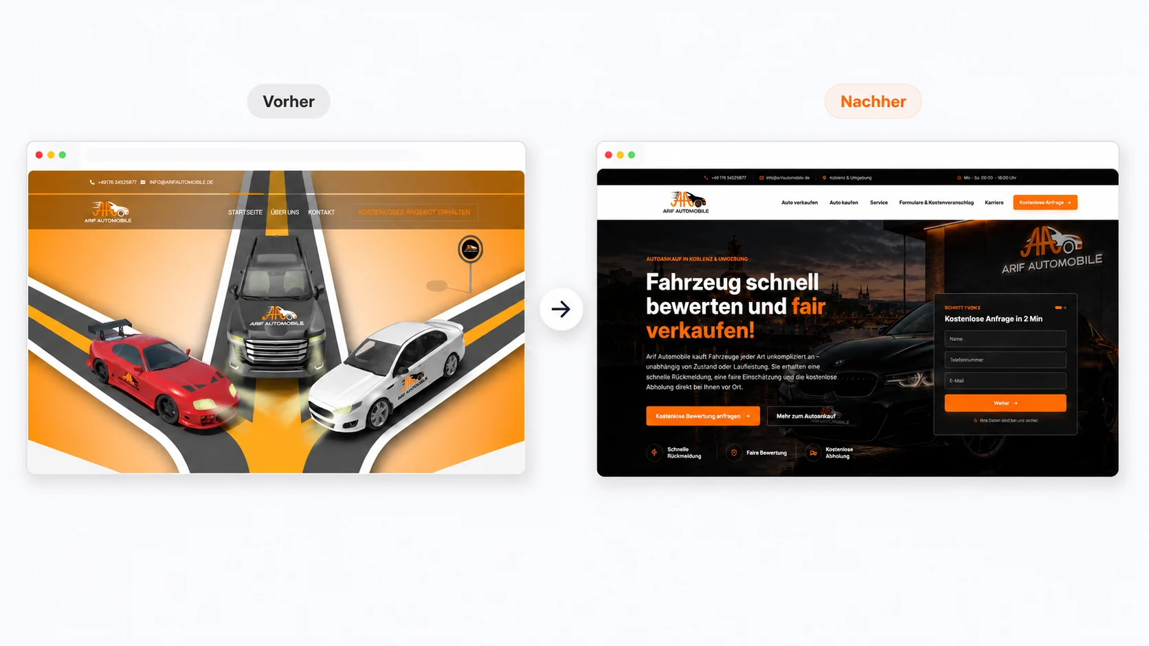 Vorher-Nachher-Vergleich der Startseite von Arif Automobile